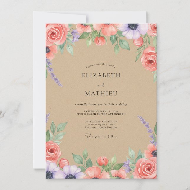 Invitación Boda de peonía coral arenosa (Anverso)