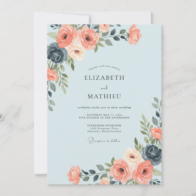 Invitación Boda de Peonía Coral Azure (Anverso)