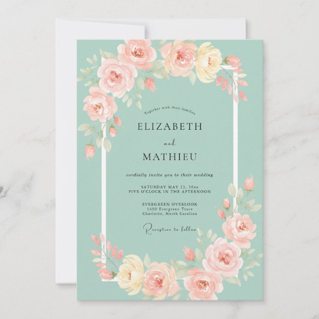 Invitación Boda de Peonía Coral Celadón (Anverso)