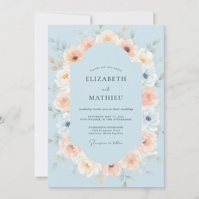 Invitación Boda de peonía coral celeste (Anverso)