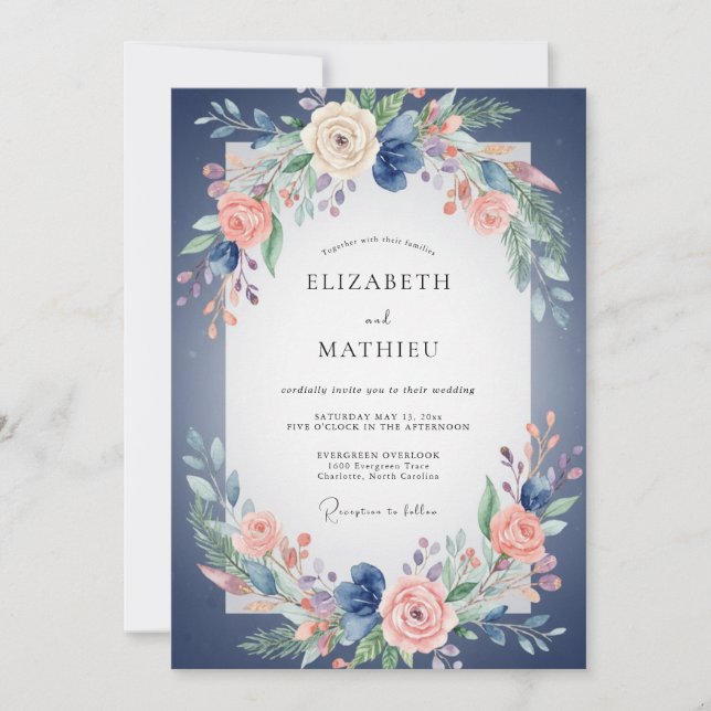 Invitación Boda de Peonía Coral Índigo (Anverso)