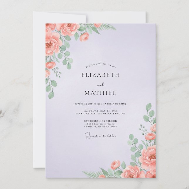 Invitación Boda de Peonía Coral Lila (Anverso)
