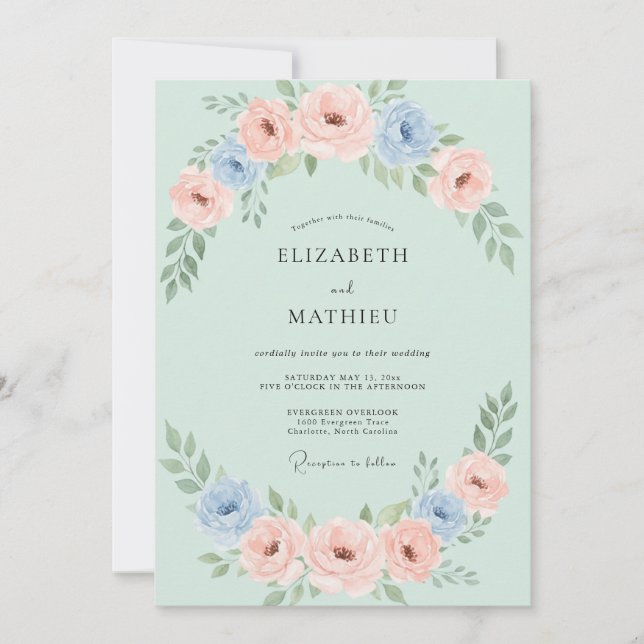 Invitación Boda de peonía coral menta (Anverso)