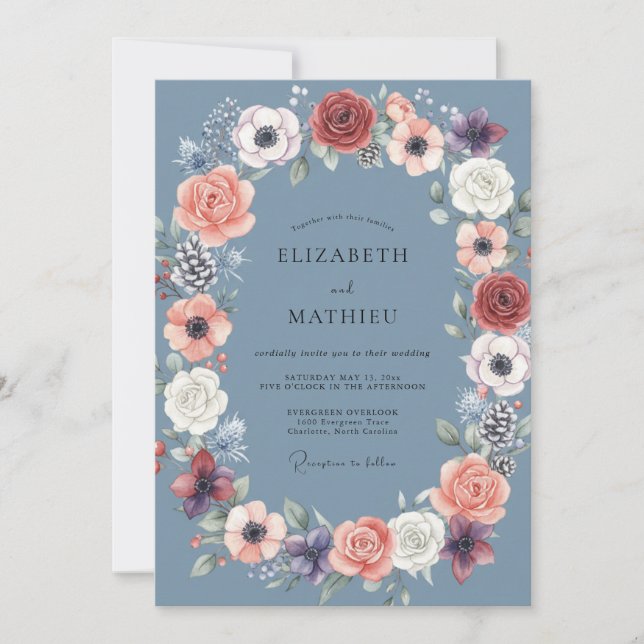 Invitación Boda de Peonía Coral Pizarra (Anverso)