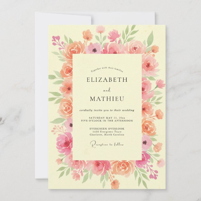 Invitación Boda de Peonía Coral Rosa (Anverso)
