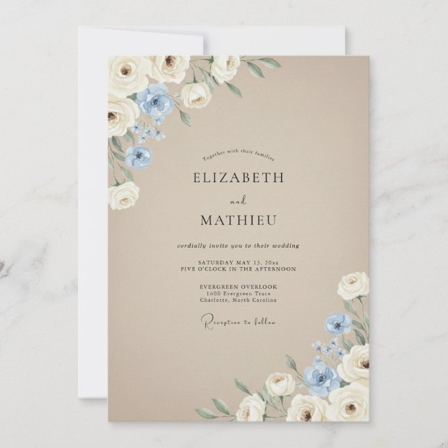 Invitación Boda de Peonía Cornflower Taupe (Anverso)