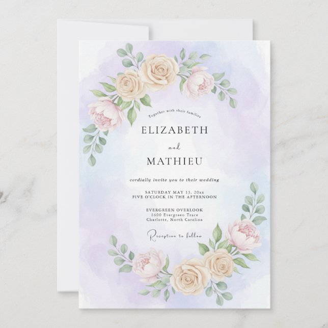 Invitación Boda de Peonía Crema Amatista (Anverso)