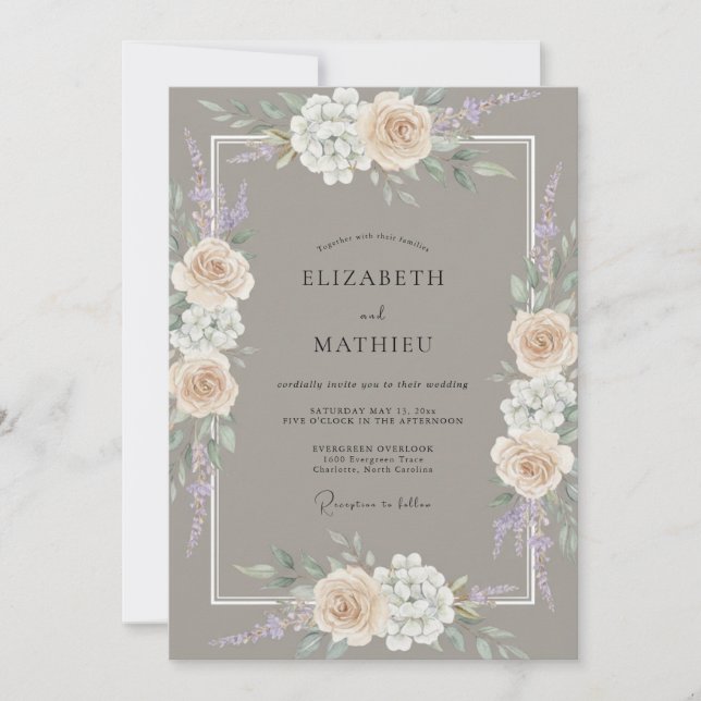 Invitación Boda de peonía crema beige (Anverso)