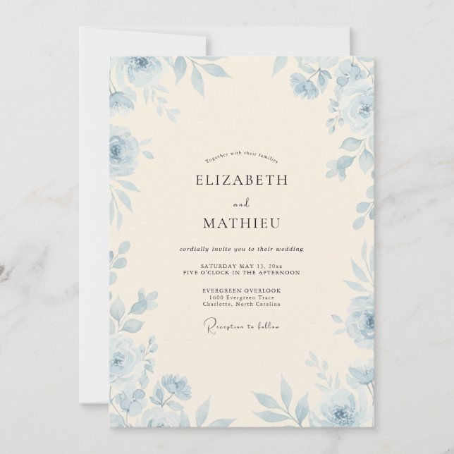 Invitación Boda de Peonía Crema Cálida Periwinkle (Anverso)