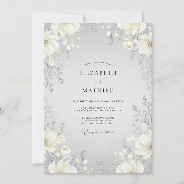 Invitación Boda de peonía crema cálida plateada (Anverso)