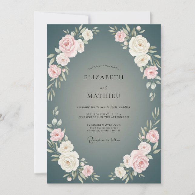 Invitación Boda de Peonía Crema Carbón (Anverso)