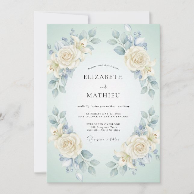Invitación Boda de peonía crema cian (Anverso)