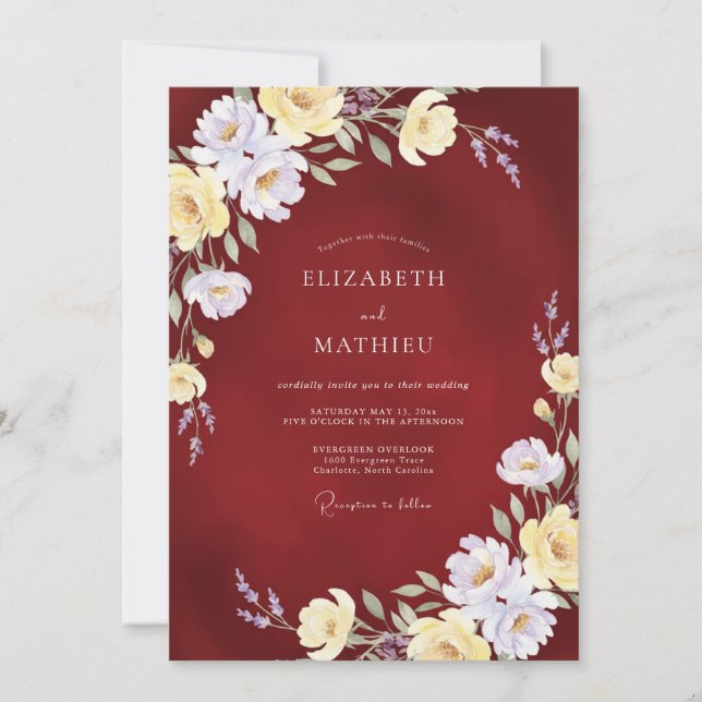 Invitación Boda de peonía crema granate (Anverso)