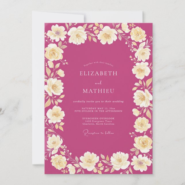 Invitación Boda de peonía crema magenta (Anverso)