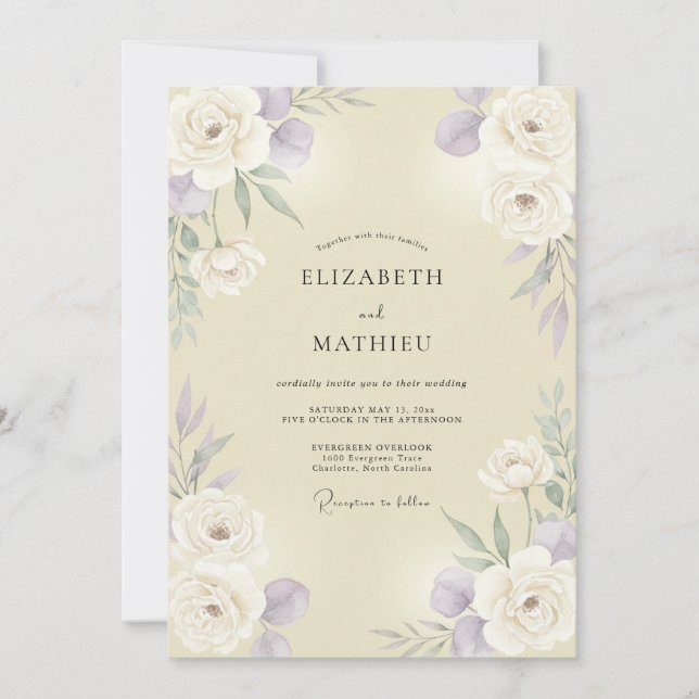 Invitación Boda de peonía crema malva (Anverso)
