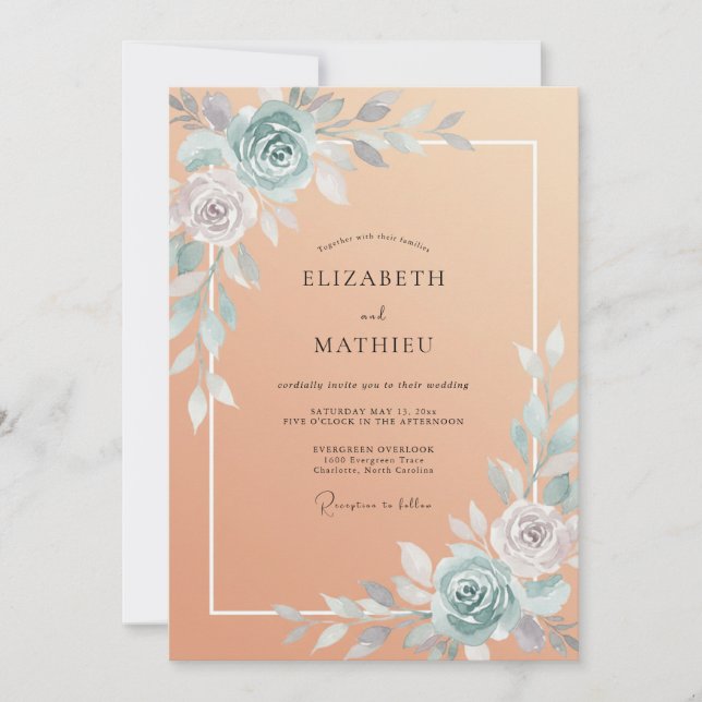 Invitación Boda de Peonía de Acero Albaricoque (Anverso)