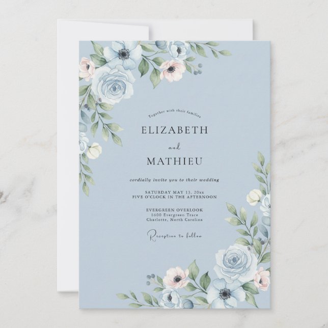 Invitación Boda de Peonía de Acero en Polvo (Anverso)