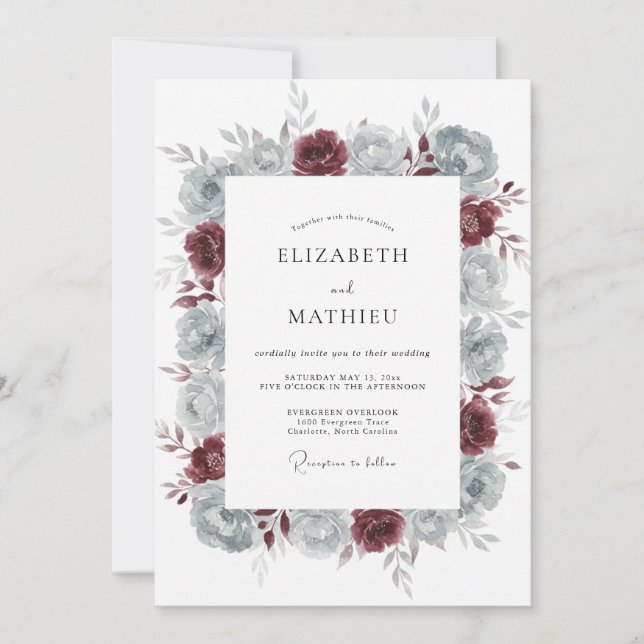 Invitación Boda de peonía de acero granate (Anverso)
