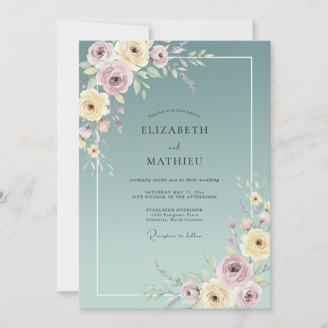 Invitación Boda de peonía de acero polvoriento (Anverso)