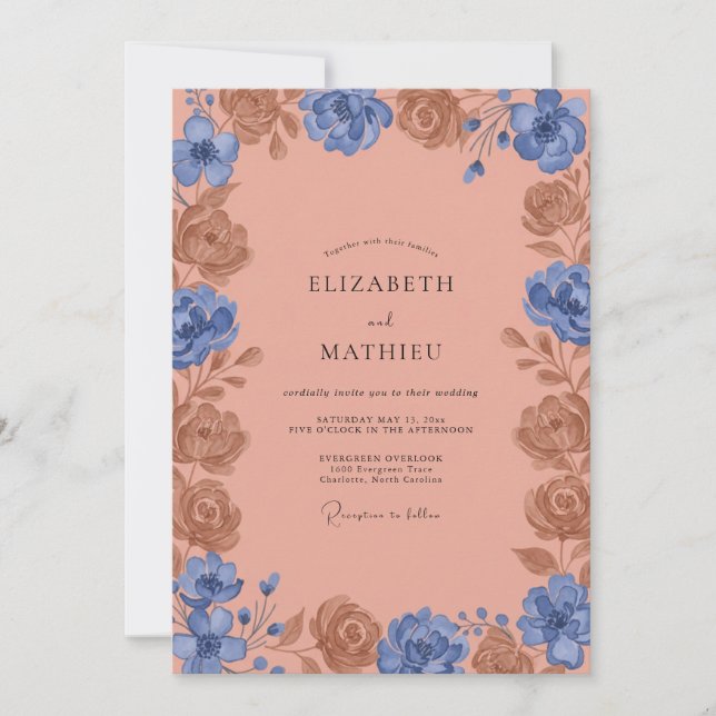 Invitación Boda de Peonía de Arcilla Periwinkle (Anverso)