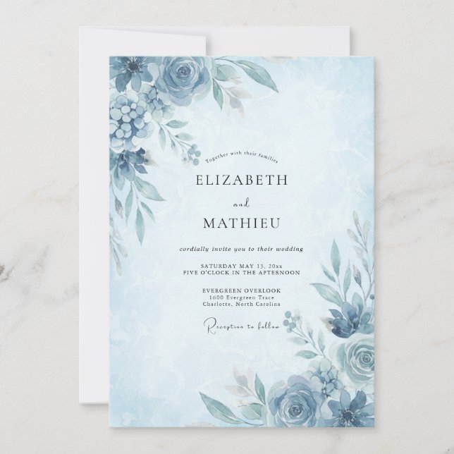 Invitación Boda de Peonía de Azulejo y Centaurea (Anverso)