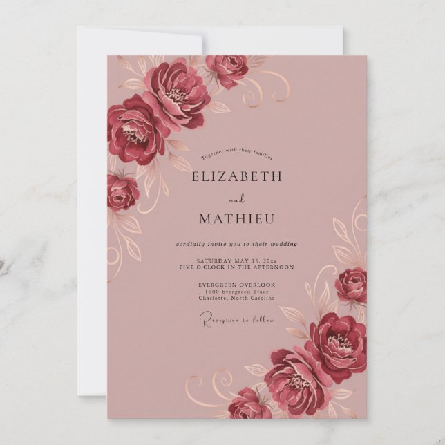 Invitación Boda de peonía de baya polvorienta (Anverso)