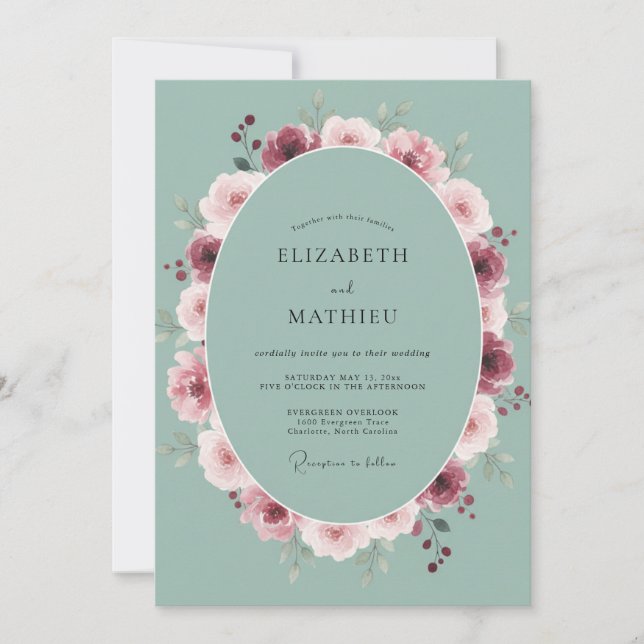 Invitación Boda de peonía de baya y espuma de mar (Anverso)