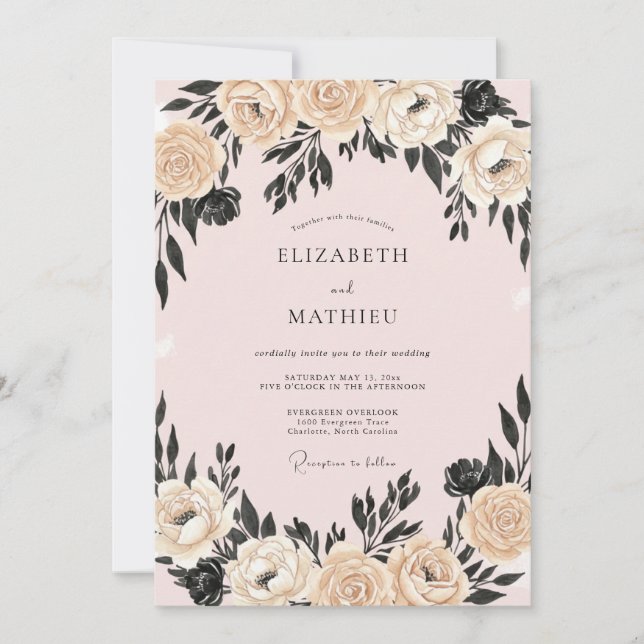 Invitación Boda de peonía de carbón con champán (Anverso)