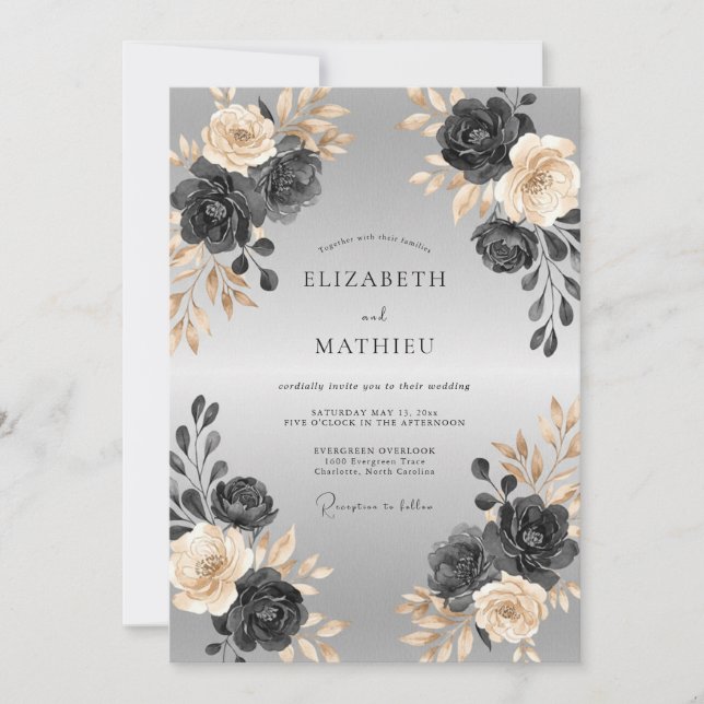 Invitación Boda de peonía de carbón de plata (Anverso)