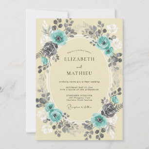 Invitación Boda de peonía de carbón turquesa