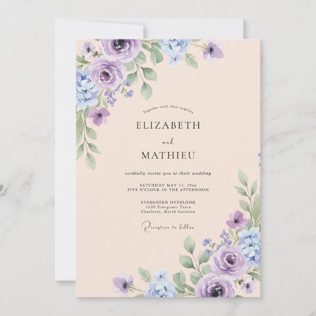 Invitación Boda de peonía de champán amatista (Anverso)