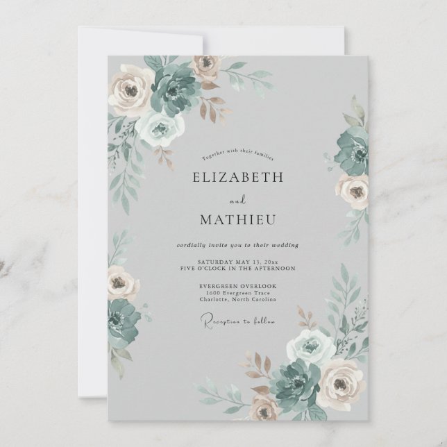 Invitación Boda de peonía de champán de acero (Anverso)