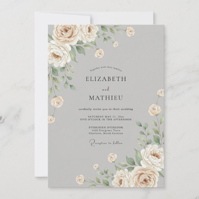 Invitación Boda de peonía de champán plateado (Anverso)