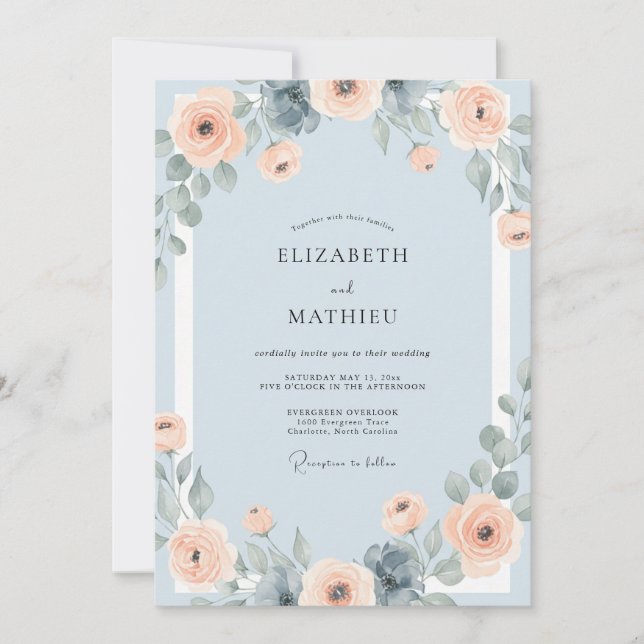 Invitación Boda de peonía de cielo albaricoque (Anverso)
