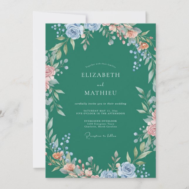 Invitación Boda de Peonía de Cielo Esmeralda (Anverso)