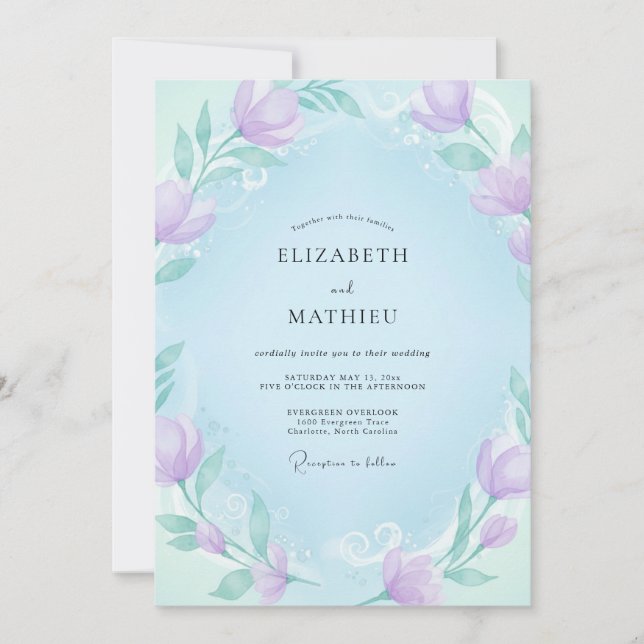 Invitación Boda de Peonía de Cielo Lila (Anverso)