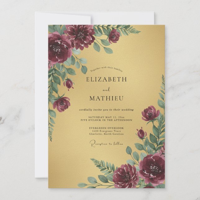 Invitación Boda de Peonía de Ciruela Dorada (Anverso)