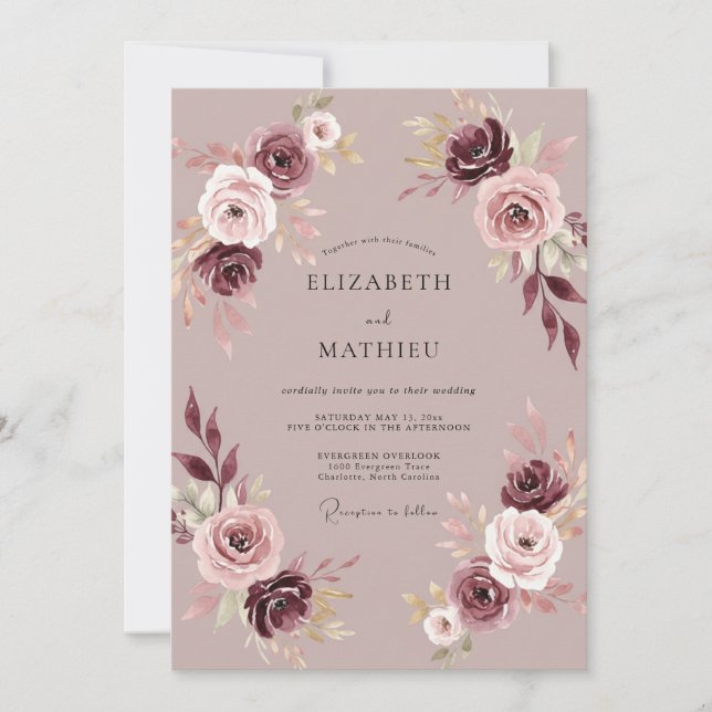 Invitación Boda de peonía de ciruela malva silenciada (Anverso)