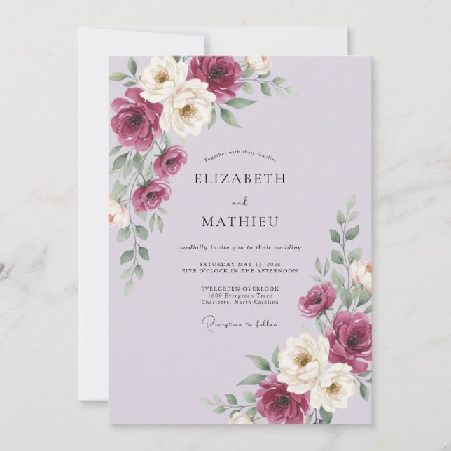 Invitación Boda de Peonía de Ciruela y Amatista (Anverso)