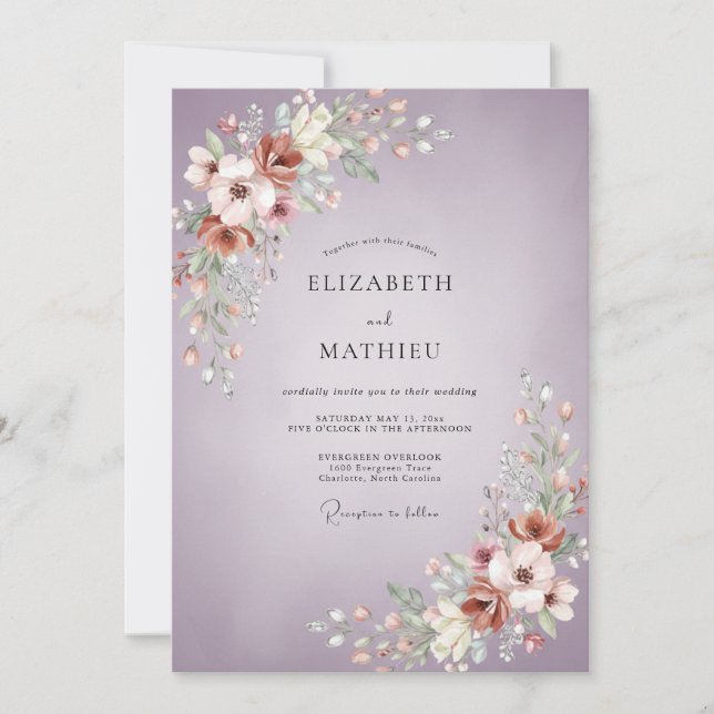 Invitación Boda de peonía de cobre malva (Anverso)
