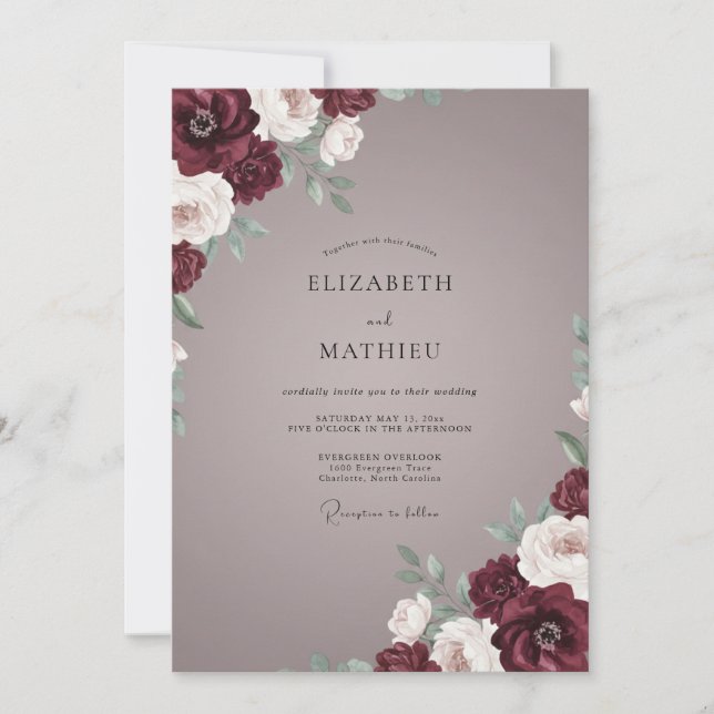 Invitación Boda de peonía de color marrón suave malva (Anverso)