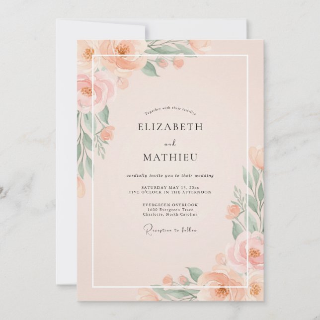 Invitación Boda de peonía de coral de champán (Anverso)