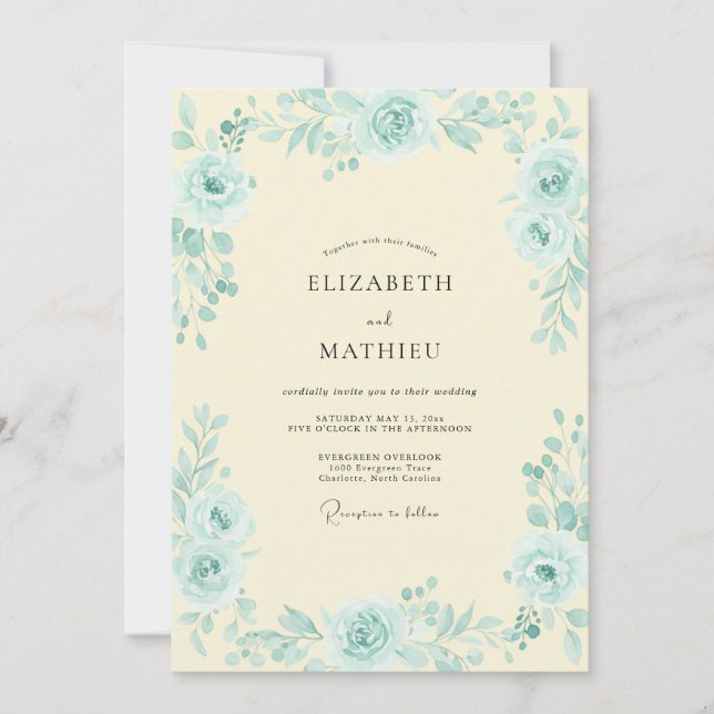 Invitación Boda de Peonía de Crema Acuática (Anverso)
