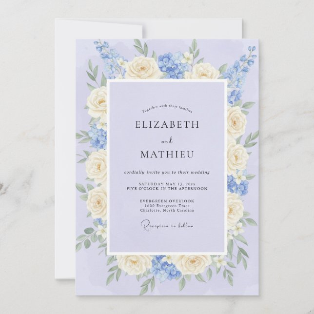 Invitación Boda de peonía de crema celeste (Anverso)