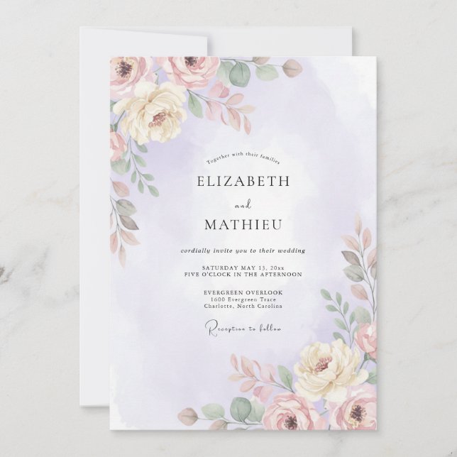 Invitación Boda de Peonía de Crema Lila (Anverso)