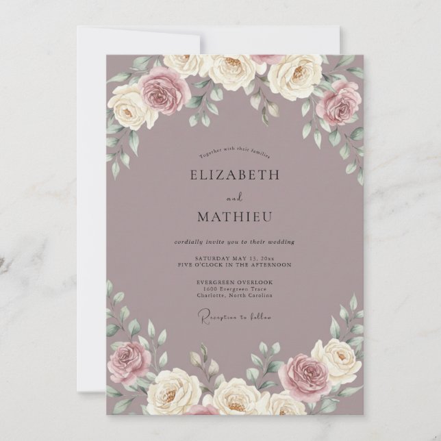 Invitación Boda de Peonía de Crema Malva (Anverso)