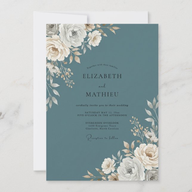 Invitación Boda de peonía de crema suave acero (Anverso)