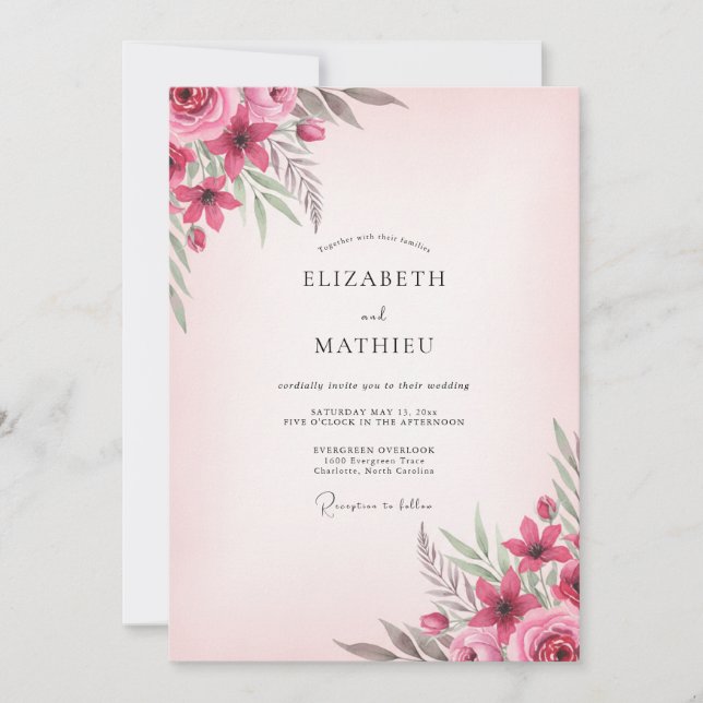 Invitación Boda de peonía de frambuesa sonrosada (Anverso)
