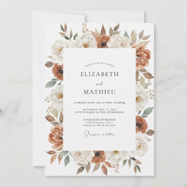 Invitación Boda de peonía de herrumbre artesanal (Anverso)
