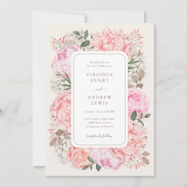 Invitación Boda de Peonía de Jardín Moderno (Anverso)